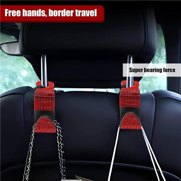 Bling Car Seat Hooks  Red (2 Pack) Bling Rhinestones Crystal Hanger Organizer - Picture 5 of 6